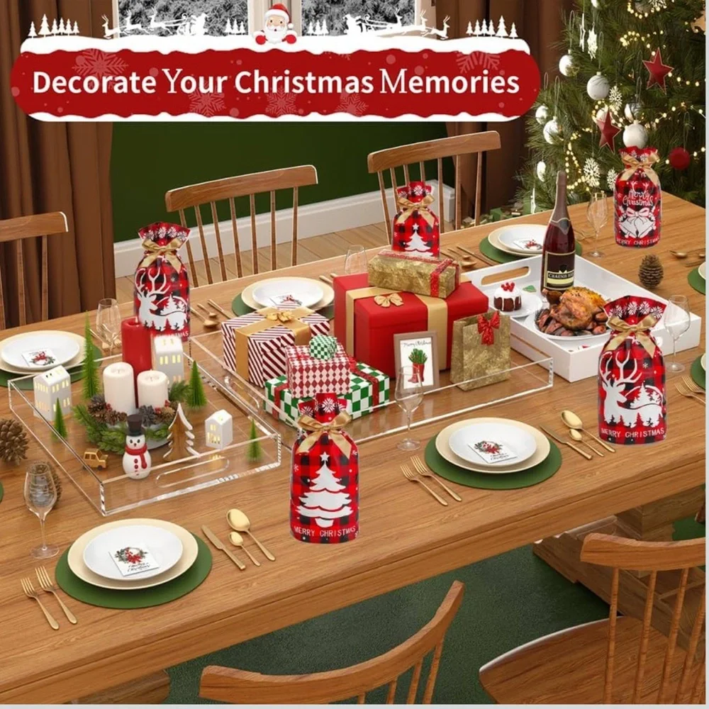 50 Christmas Red & Black Plaid Party Favor Bags with Gold Bows